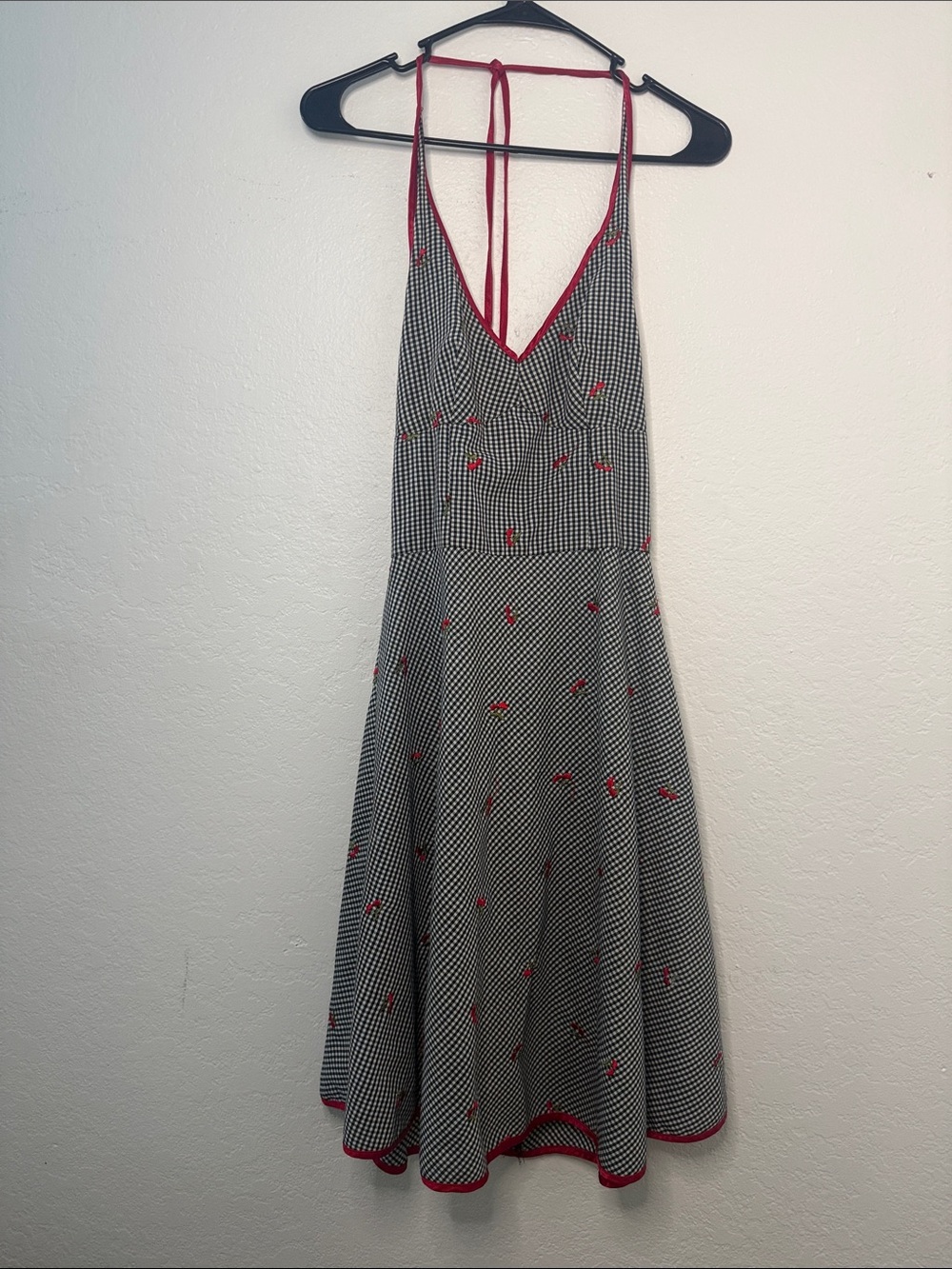 VTG My Michelle Gingham Cherry Embroidered Halter Dress